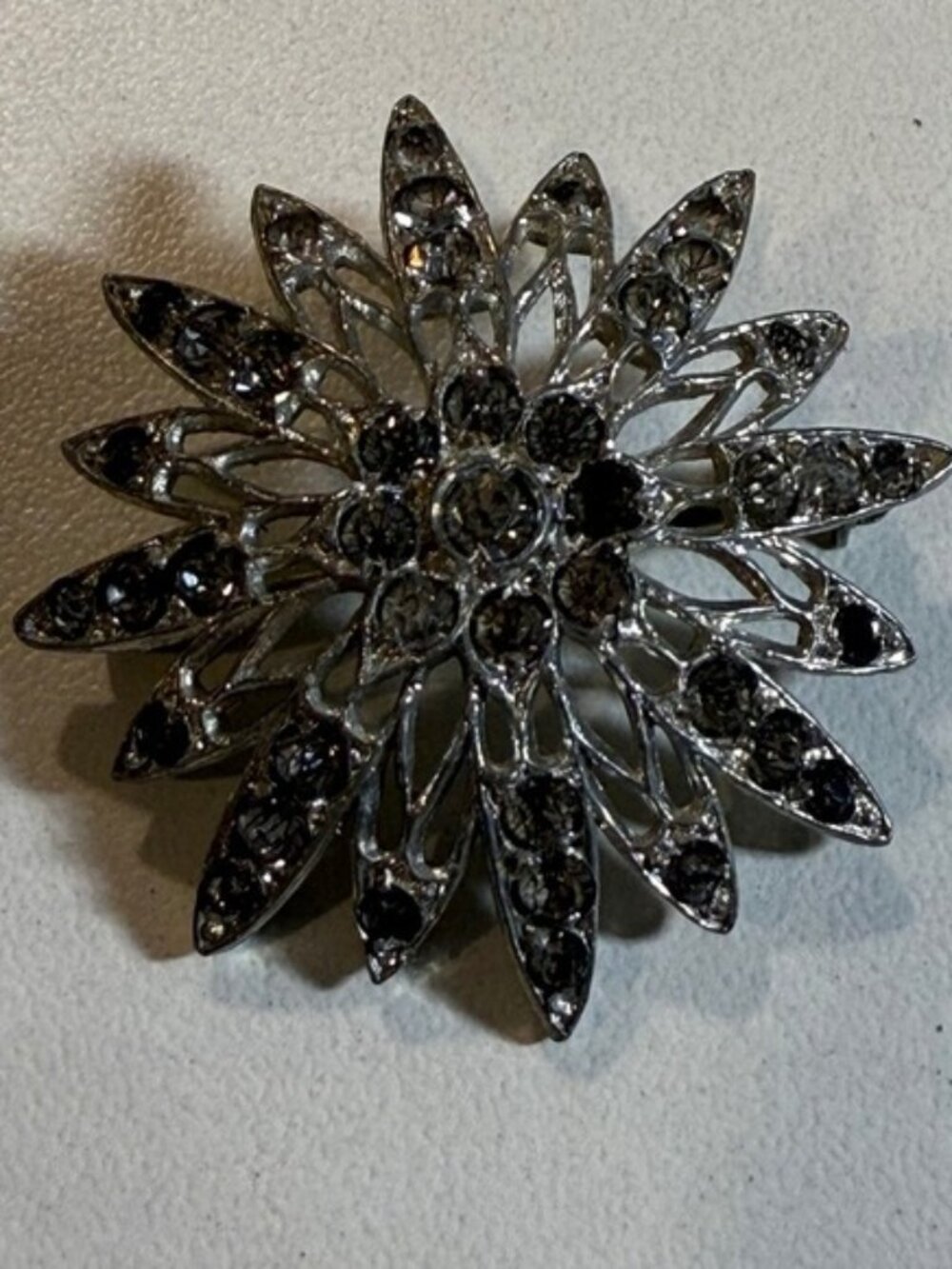 Vintage Elegant Floral Brooch Pin with Gray Rhinestones Flower Jewelry Accessory